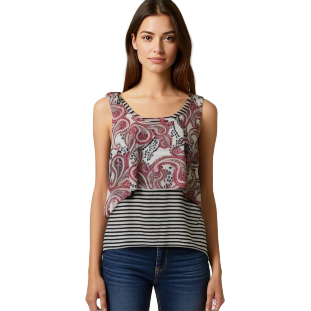 Anthropologie Ruffle Cropped Striped Silk Top Paisley Nautical Sleeveless Top